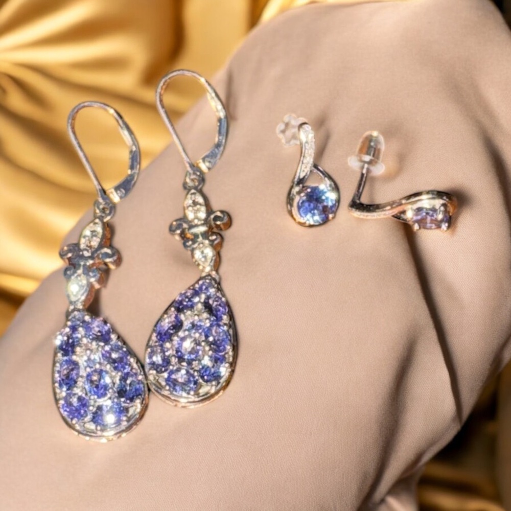 Genuine Tanzanite .925 Sterling Silver Earrings Set EUC